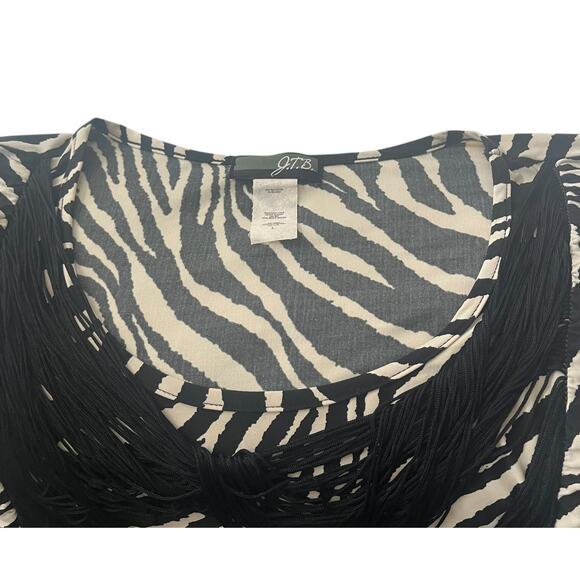 J.T.B. SHORT SLV PULL-OVER RND NECK FRINGE BLOUSE, WOMENS, L, BLACK & TAN ANIMAL - Picture 3 of 9